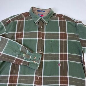 Vintage 90s Tommy Hilfiger Shirt Mens XL Green Plaid Button Down Crest Logo